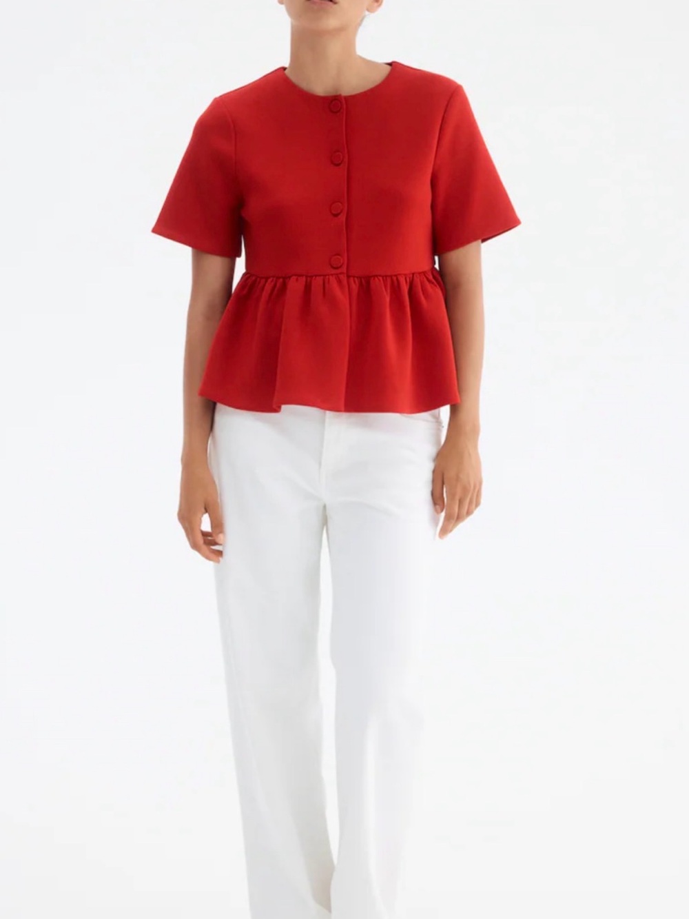 H&M Red Short-Sleeve Peplum Button Front Top